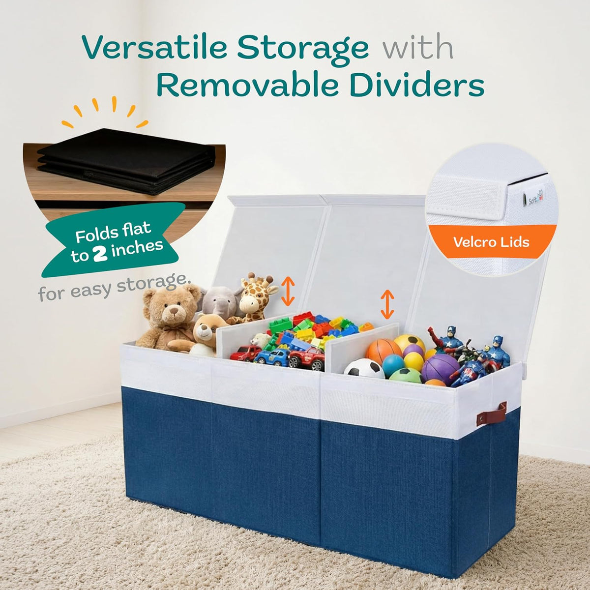 Extra Large Toy Storage Organizer with Lid - Sturdy, Collapsible Toy Chest Storage Box Design - Toys Bin with Dividers for Kids, Nursery, Bedroom, Playroom 37"x16"x14"