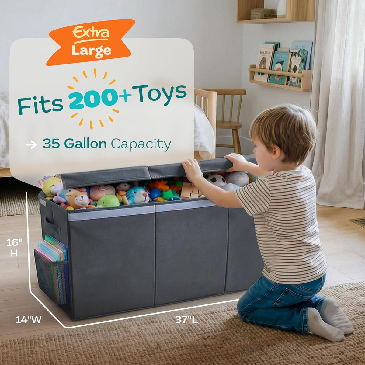 Extra Large Toy Storage Organizer with Lid - Sturdy, Collapsible Toy Chest Storage Box Design - Toys Bin with Dividers for Kids, Nursery, Bedroom, Playroom 37"x16"x14"