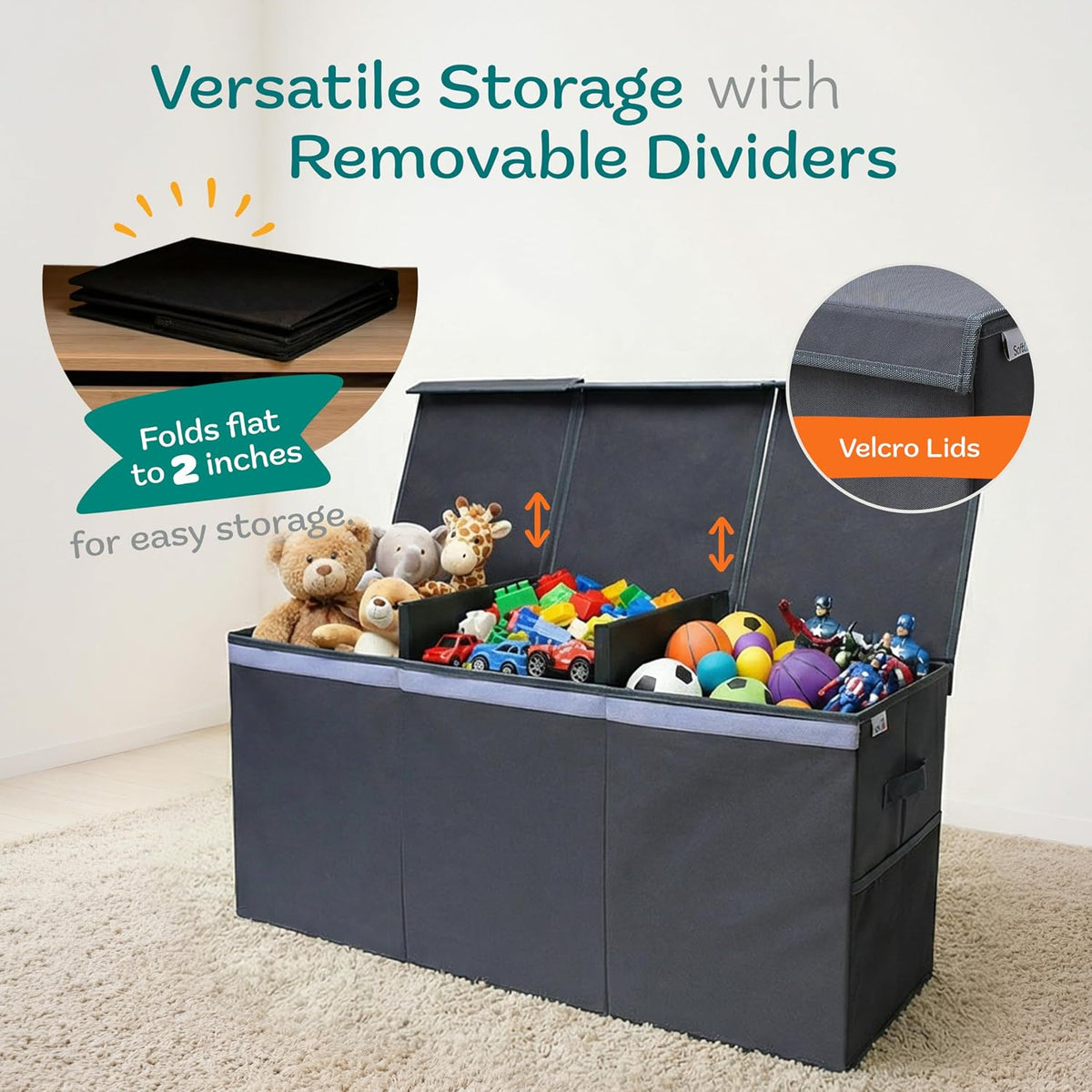 Extra Large Toy Storage Organizer with Lid - Sturdy, Collapsible Toy Chest Storage Box Design - Toys Bin with Dividers for Kids, Nursery, Bedroom, Playroom 37"x16"x14"