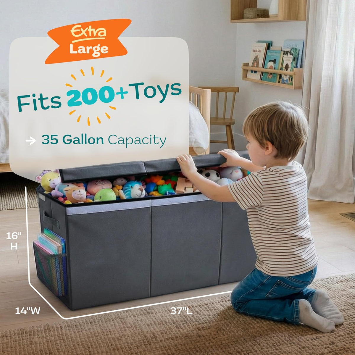 Extra Large Toy Storage Organizer with Lid - Sturdy, Collapsible Toy Chest Storage Box Design - Toys Bin with Dividers for Kids, Nursery, Bedroom, Playroom 37"x16"x14"
