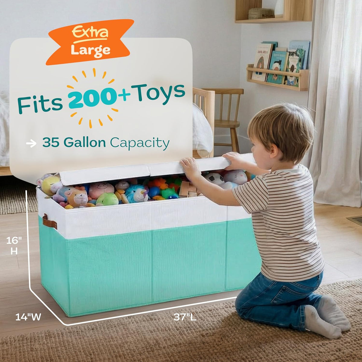 Extra Large Toy Storage Organizer with Lid - Sturdy, Collapsible Toy Chest Storage Box Design - Toys Bin with Dividers for Kids, Nursery, Bedroom, Playroom 37"x16"x14"