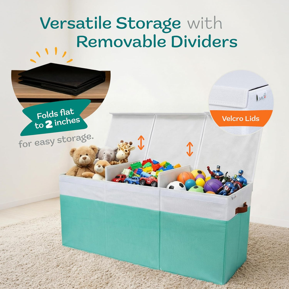 Extra Large Toy Storage Organizer with Lid - Sturdy, Collapsible Toy Chest Storage Box Design - Toys Bin with Dividers for Kids, Nursery, Bedroom, Playroom 37"x16"x14"