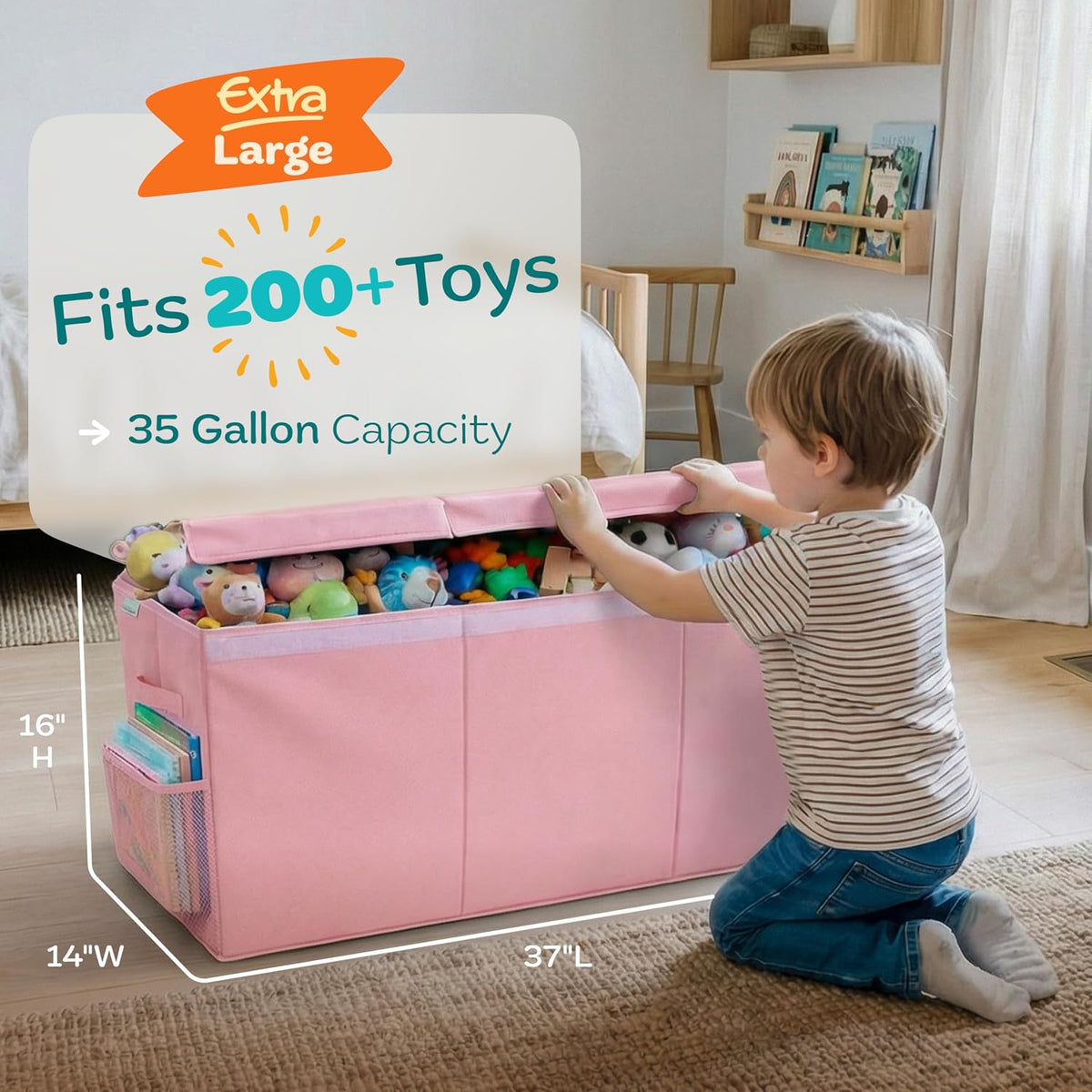Extra Large Toy Storage Organizer with Lid - Sturdy, Collapsible Toy Chest Storage Box Design - Toys Bin with Dividers for Kids, Nursery, Bedroom, Playroom 37"x16"x14"