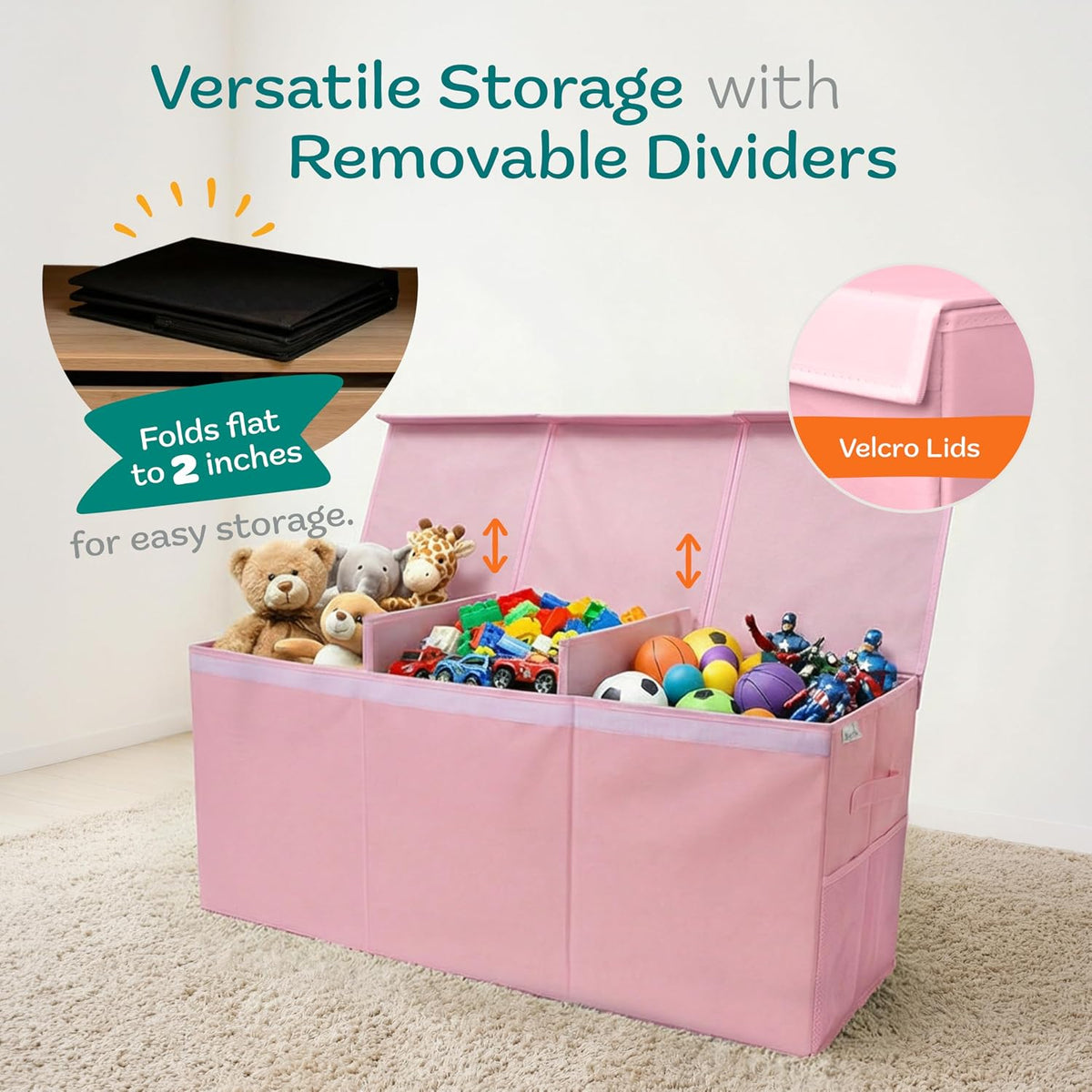 Extra Large Toy Storage Organizer with Lid - Sturdy, Collapsible Toy Chest Storage Box Design - Toys Bin with Dividers for Kids, Nursery, Bedroom, Playroom 37"x16"x14"