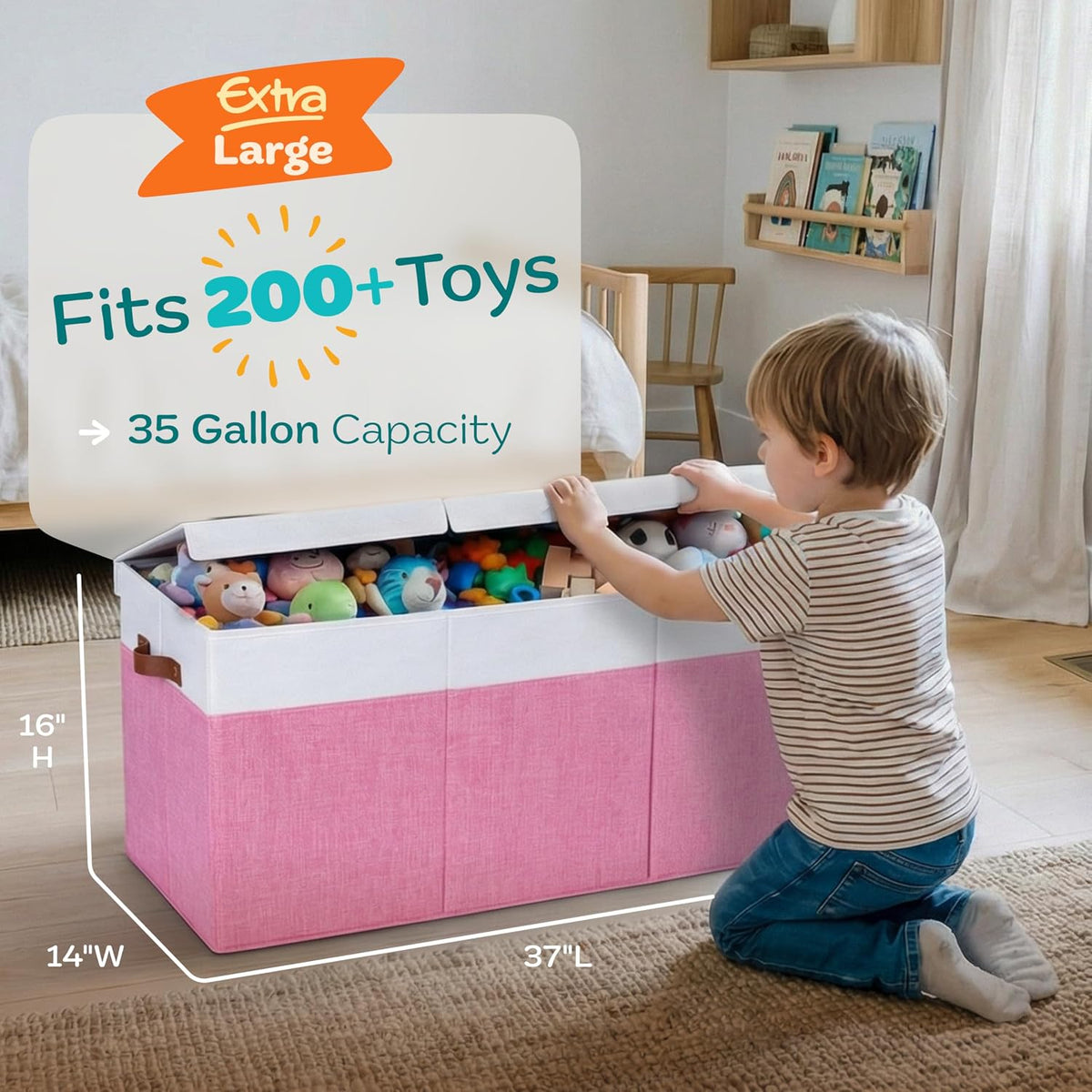 Extra Large Toy Storage Organizer with Lid - Sturdy, Collapsible Toy Chest Storage Box Design - Toys Bin with Dividers for Kids, Nursery, Bedroom, Playroom 37"x16"x14"