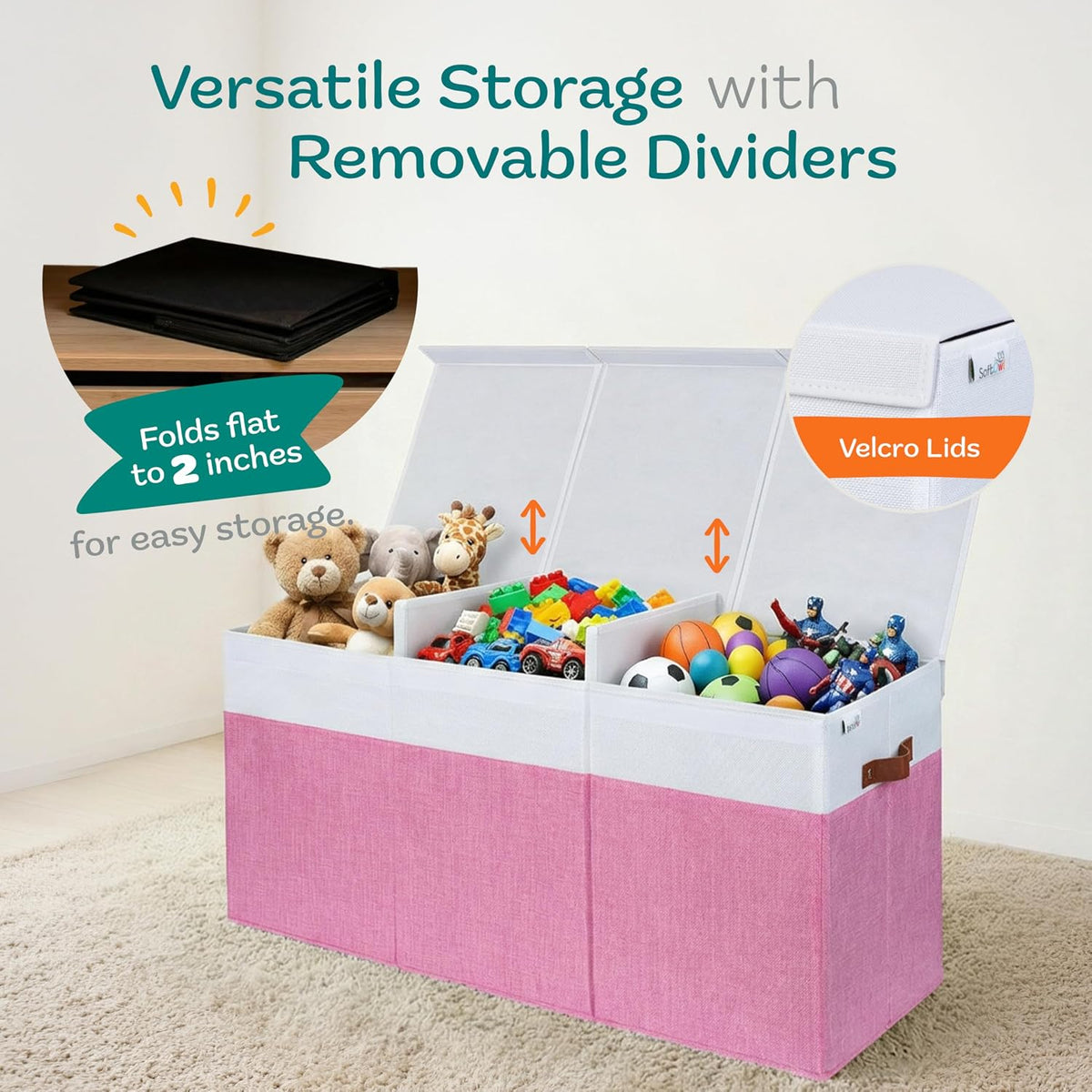 Extra Large Toy Storage Organizer with Lid - Sturdy, Collapsible Toy Chest Storage Box Design - Toys Bin with Dividers for Kids, Nursery, Bedroom, Playroom 37"x16"x14"