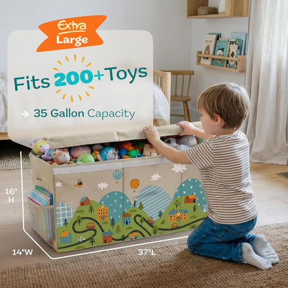 Extra Large Toy Storage Organizer with Lid - Sturdy, Collapsible Toy Chest Storage Box Design - Toys Bin with Dividers for Kids, Nursery, Bedroom, Playroom 37"x16"x14"