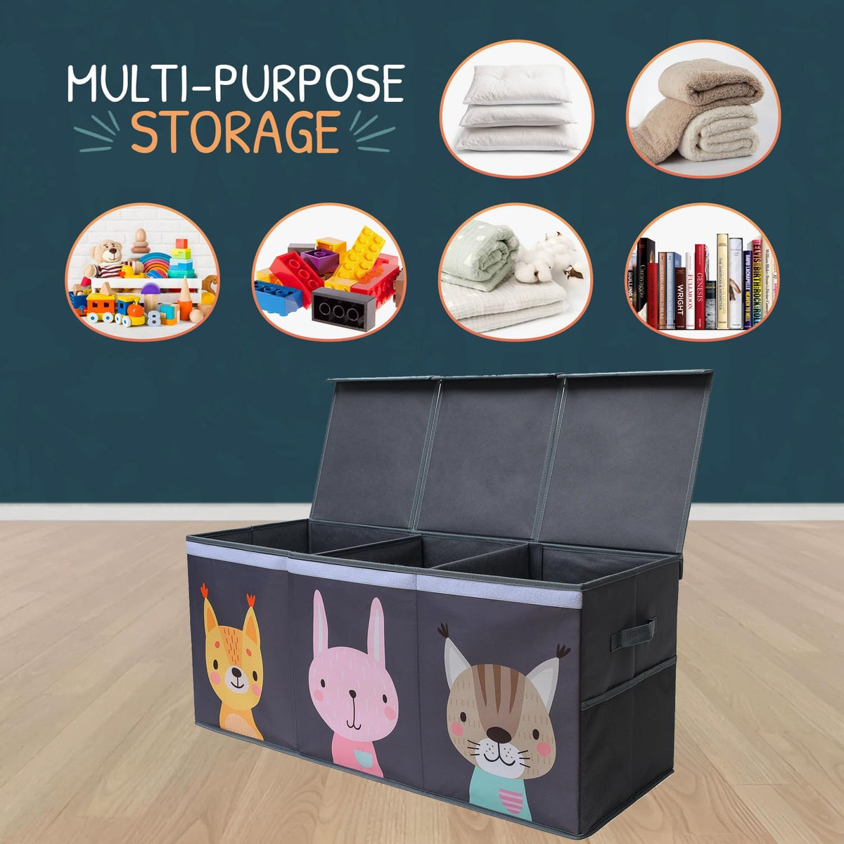 Extra Large Toy Storage Organizer with Lid - Sturdy, Collapsible Toy Chest Storage Box Design - Toys Bin with Dividers for Kids, Nursery, Bedroom, Playroom 37"x16"x14"