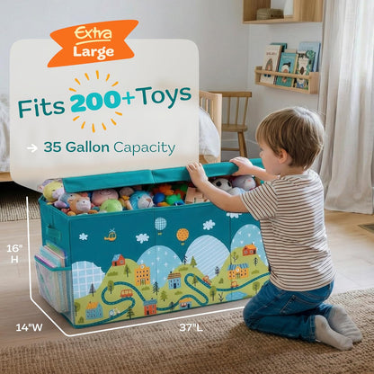 Extra Large Toy Storage Organizer with Lid - Sturdy, Collapsible Toy Chest Storage Box Design - Toys Bin with Dividers for Kids, Nursery, Bedroom, Playroom 37"x16"x14"