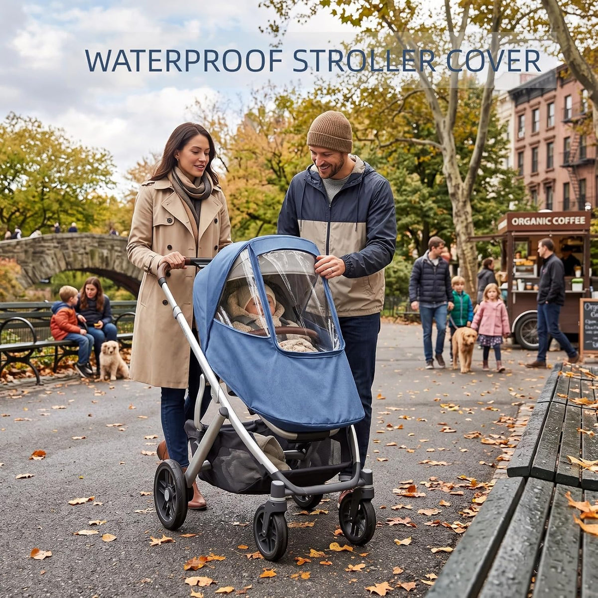 Universal Stroller Rain Cover, Toddler Travel Weather Windproof Stroller Cover Coldproof Cover with Breathable Transparent Fabric for Most Strollers Pushchairs (Linen Blue)