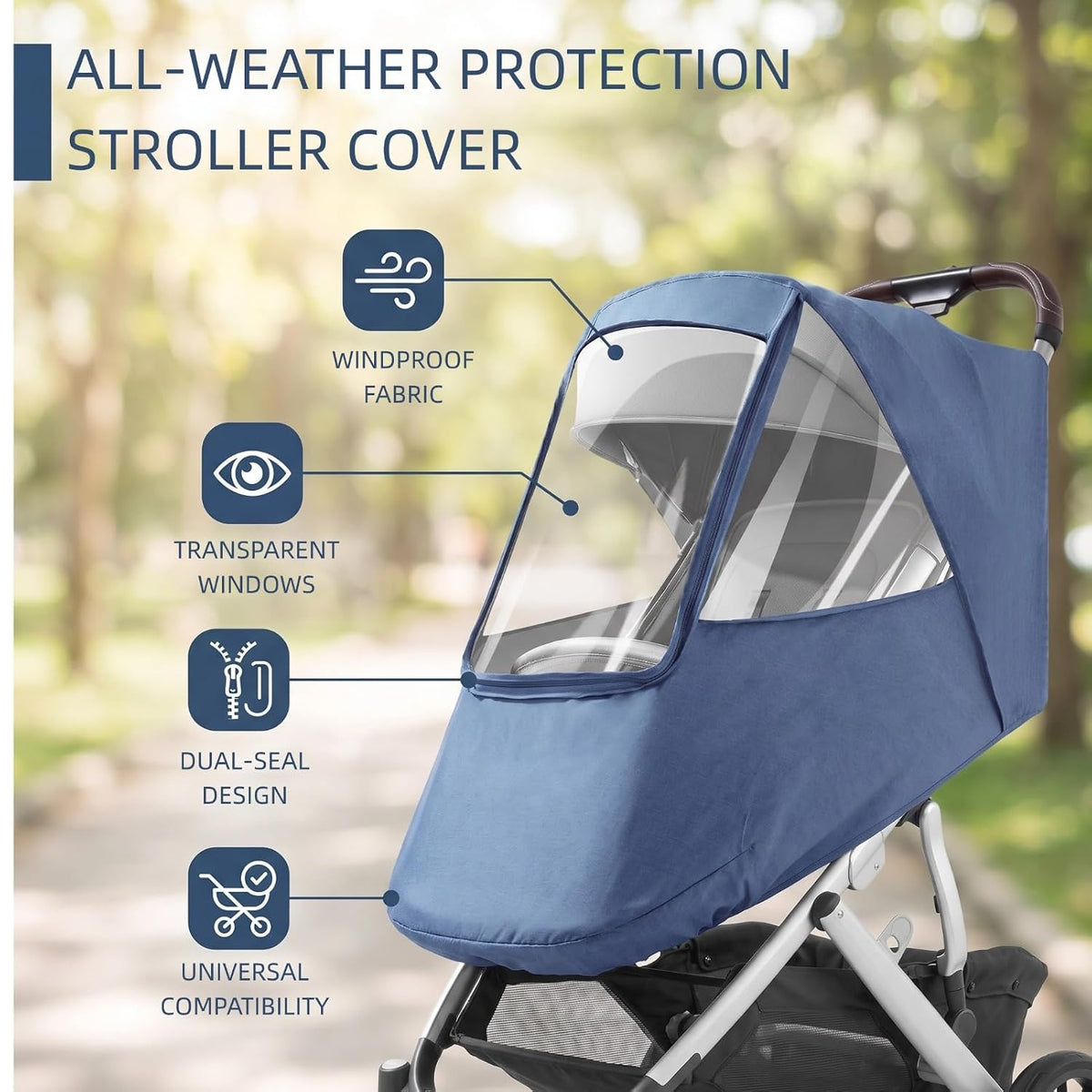 Universal Stroller Rain Cover, Toddler Travel Weather Windproof Stroller Cover Coldproof Cover with Breathable Transparent Fabric for Most Strollers Pushchairs (Linen Blue)