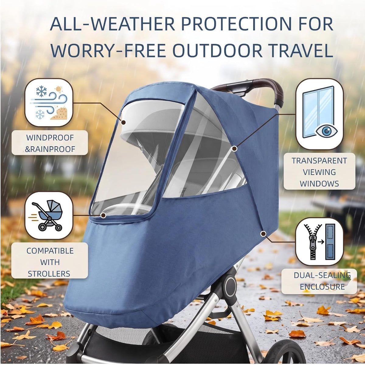 Universal Stroller Rain Cover, Toddler Travel Weather Windproof Stroller Cover Coldproof Cover with Breathable Transparent Fabric for Most Strollers Pushchairs (Linen Blue)