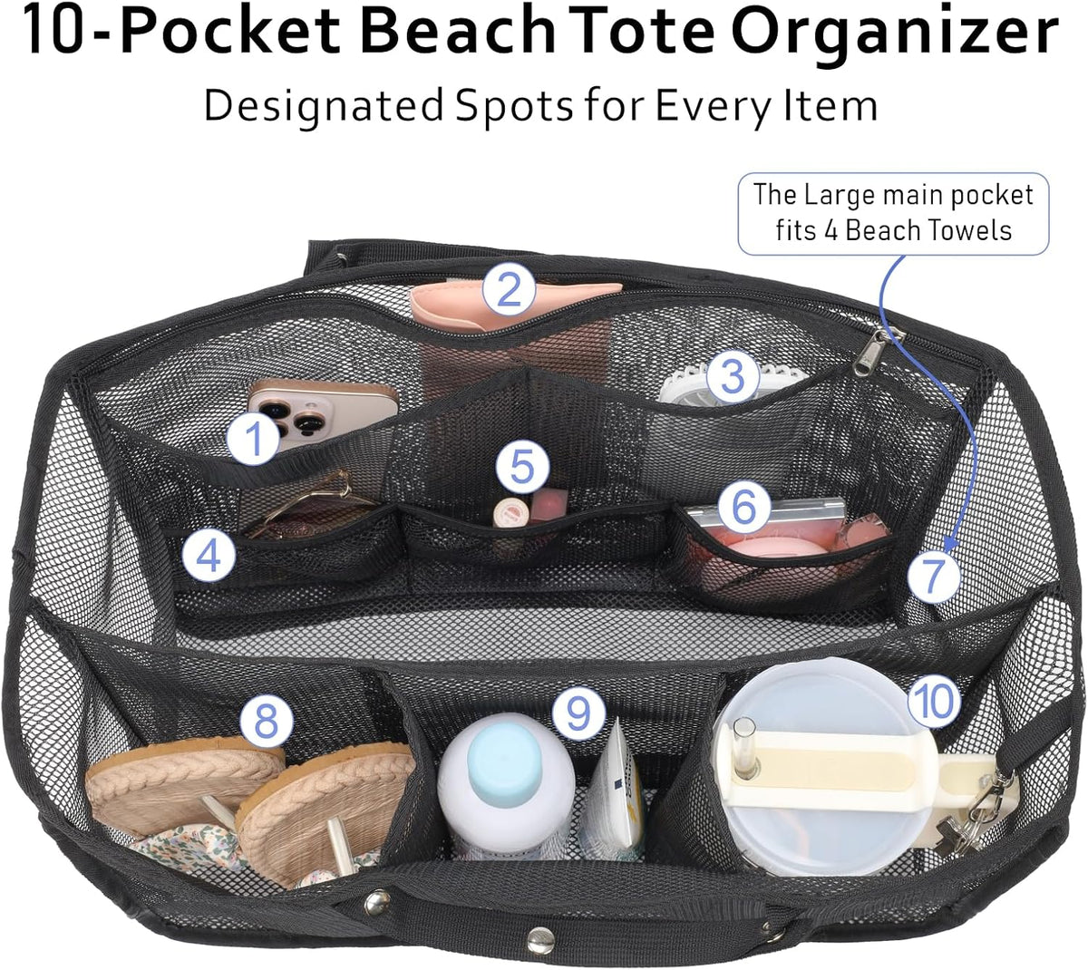 Beach Bag Organizer Insert - Mesh Tote Divider with Pockets, Pink