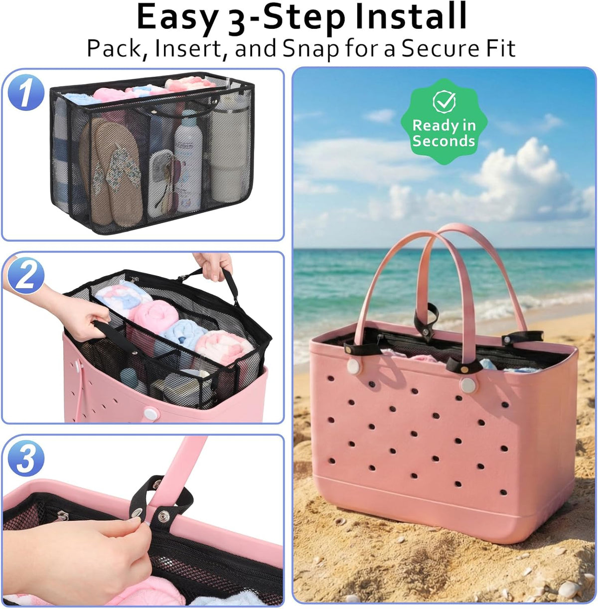 Beach Bag Organizer Insert - Mesh Tote Divider with Pockets, Pink