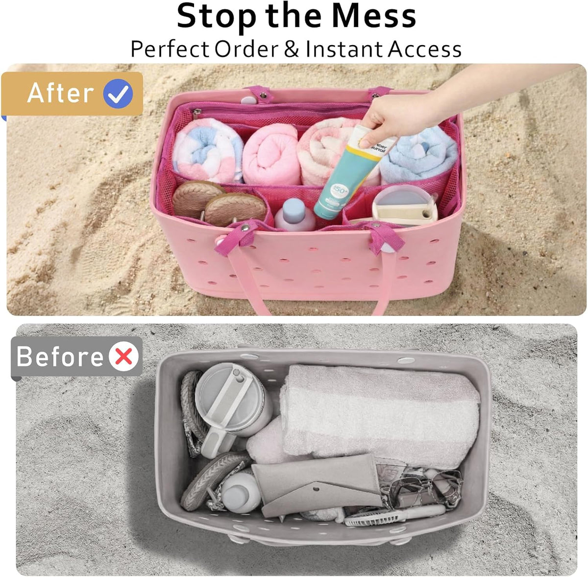 Beach Bag Organizer Insert - Mesh Tote Divider with Pockets, Pink