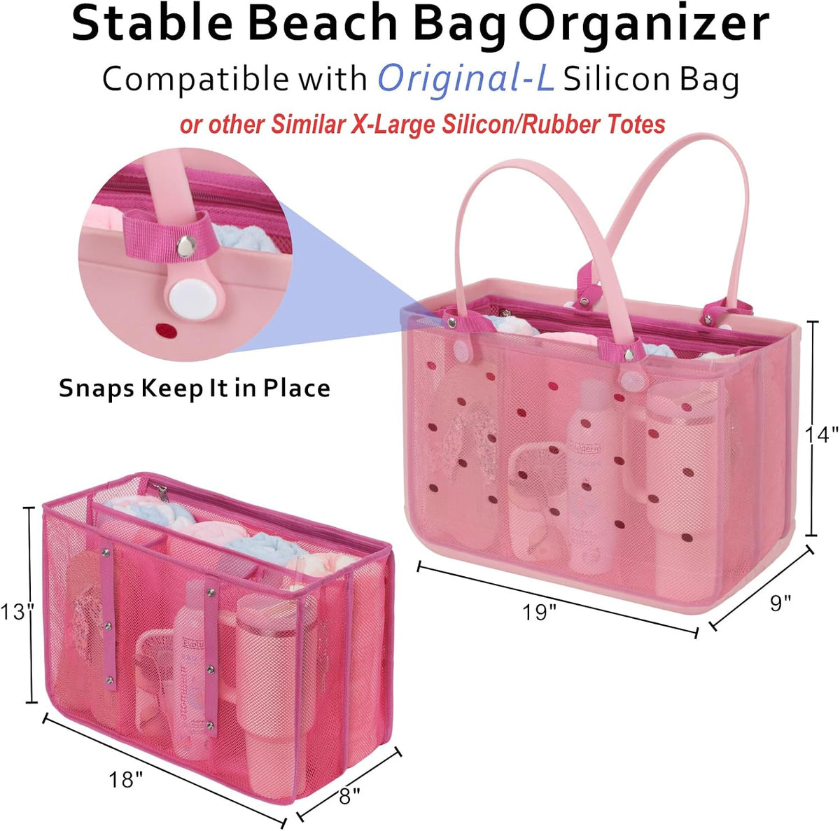 Beach Bag Organizer Insert - Mesh Tote Divider with Pockets, Pink