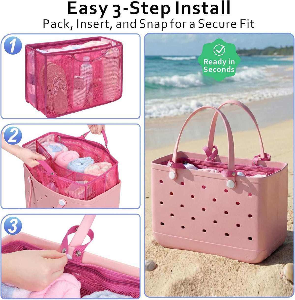 Beach Bag Organizer Insert - Mesh Tote Divider with Pockets, Pink