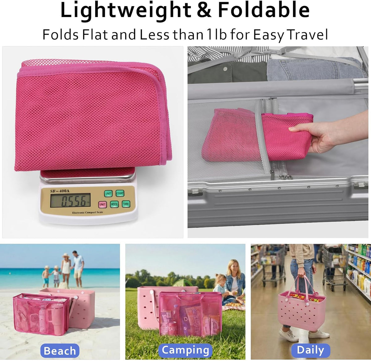 Beach Bag Organizer Insert - Mesh Tote Divider with Pockets, Pink
