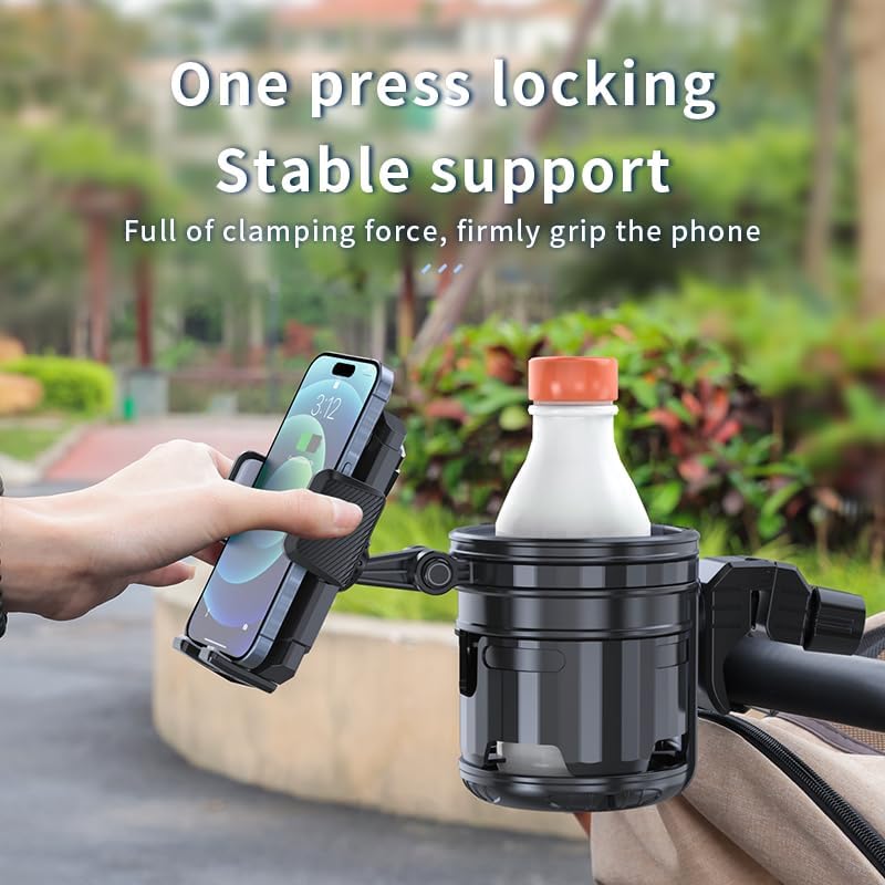 3-in-1 Stroller Cup Phone Holder, Multifunctional Stroller Cup Holder Attachment with 360° Adjustable Phone Mount, Cup Holder for Walker, Wheelchair, Strollers, Anti-Slip & Easy Install