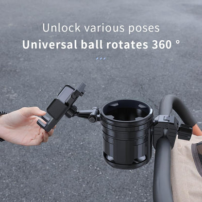 3-in-1 Stroller Cup Phone Holder, Multifunctional Stroller Cup Holder Attachment with 360° Adjustable Phone Mount, Cup Holder for Walker, Wheelchair, Strollers, Anti-Slip & Easy Install