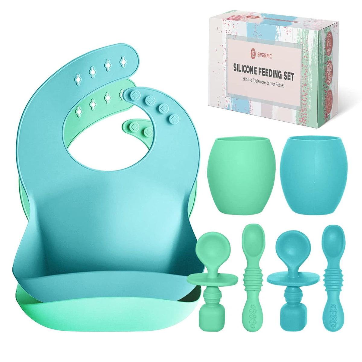 Baby Silicone Feeding Set - Baby Led Weaning Utensils, Silicone Bibs, Infant Feeding Cups For Boys, Girls, & Toddlers Smooth Waterproof Material For Practical Eating, Set of 8
