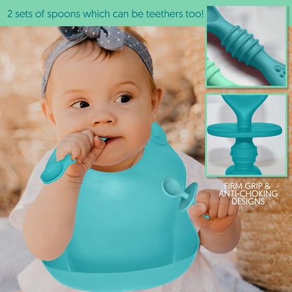 Baby Silicone Feeding Set - Baby Led Weaning Utensils, Silicone Bibs, Infant Feeding Cups For Boys, Girls, & Toddlers Smooth Waterproof Material For Practical Eating, Set of 8