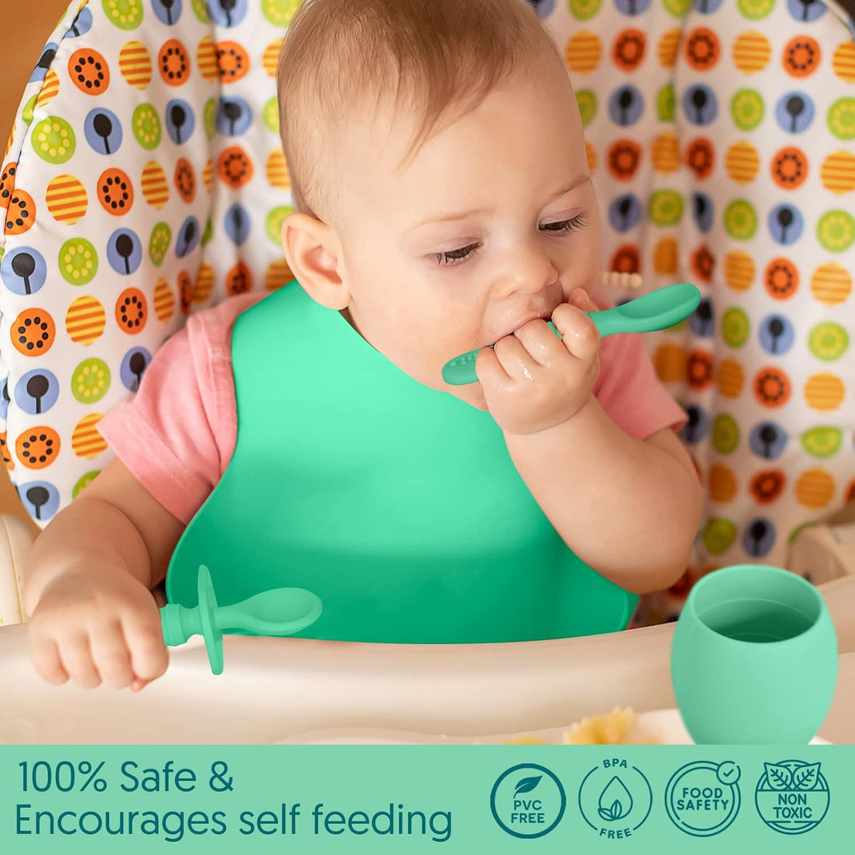 Baby Silicone Feeding Set - Baby Led Weaning Utensils, Silicone Bibs, Infant Feeding Cups For Boys, Girls, & Toddlers Smooth Waterproof Material For Practical Eating, Set of 8