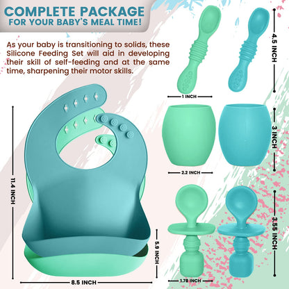 Baby Silicone Feeding Set - Baby Led Weaning Utensils, Silicone Bibs, Infant Feeding Cups For Boys, Girls, & Toddlers Smooth Waterproof Material For Practical Eating, Set of 8