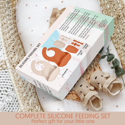Baby Silicone Feeding Set - Baby Led Weaning Utensils, Silicone Bibs, Infant Feeding Cups For Boys, Girls, & Toddlers Smooth Waterproof Material For Practical Eating, Set of 8