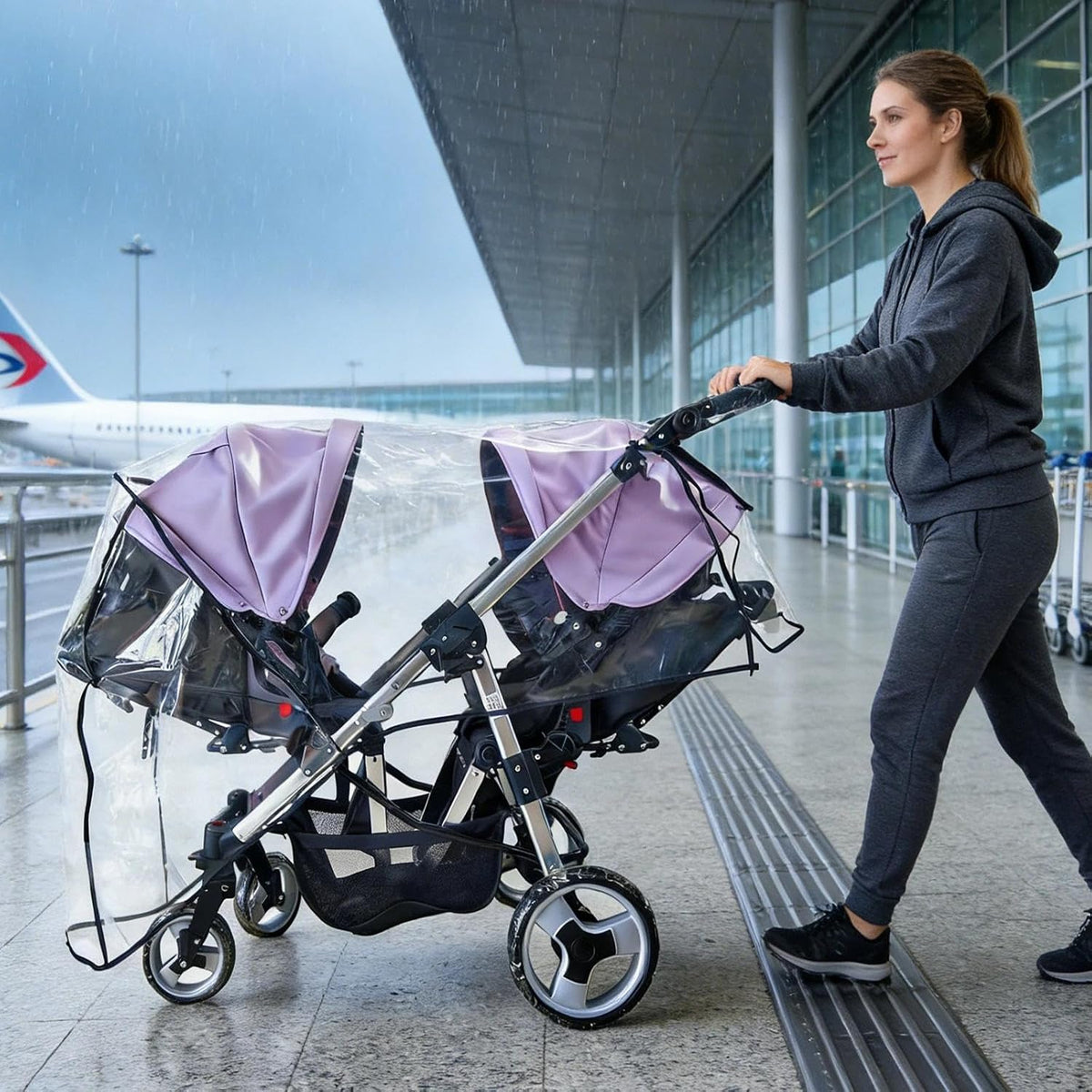 Weather Shield for Double Stroller Raincoat Universal Size Side by Side Baby Umbrella Stroller Rain Cover Scooter Twin Wind Shield Waterproof Jogger City
