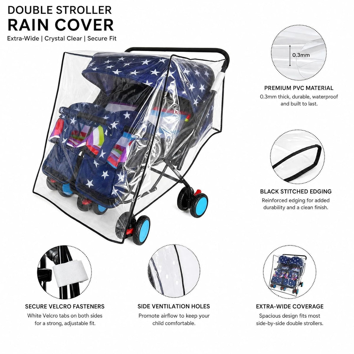 Weather Shield for Double Stroller Raincoat Universal Size Side by Side Baby Umbrella Stroller Rain Cover Scooter Twin Wind Shield Waterproof Jogger City