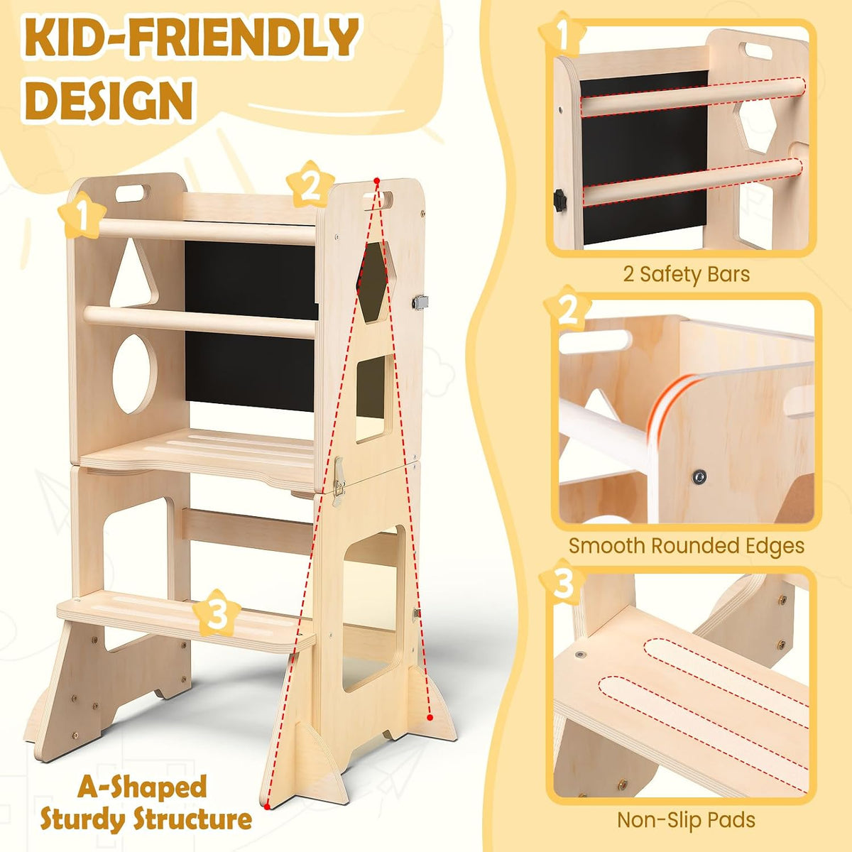Toddler Standing Tower Anti-Tip Wooden Kitchen Step Stool，Nature