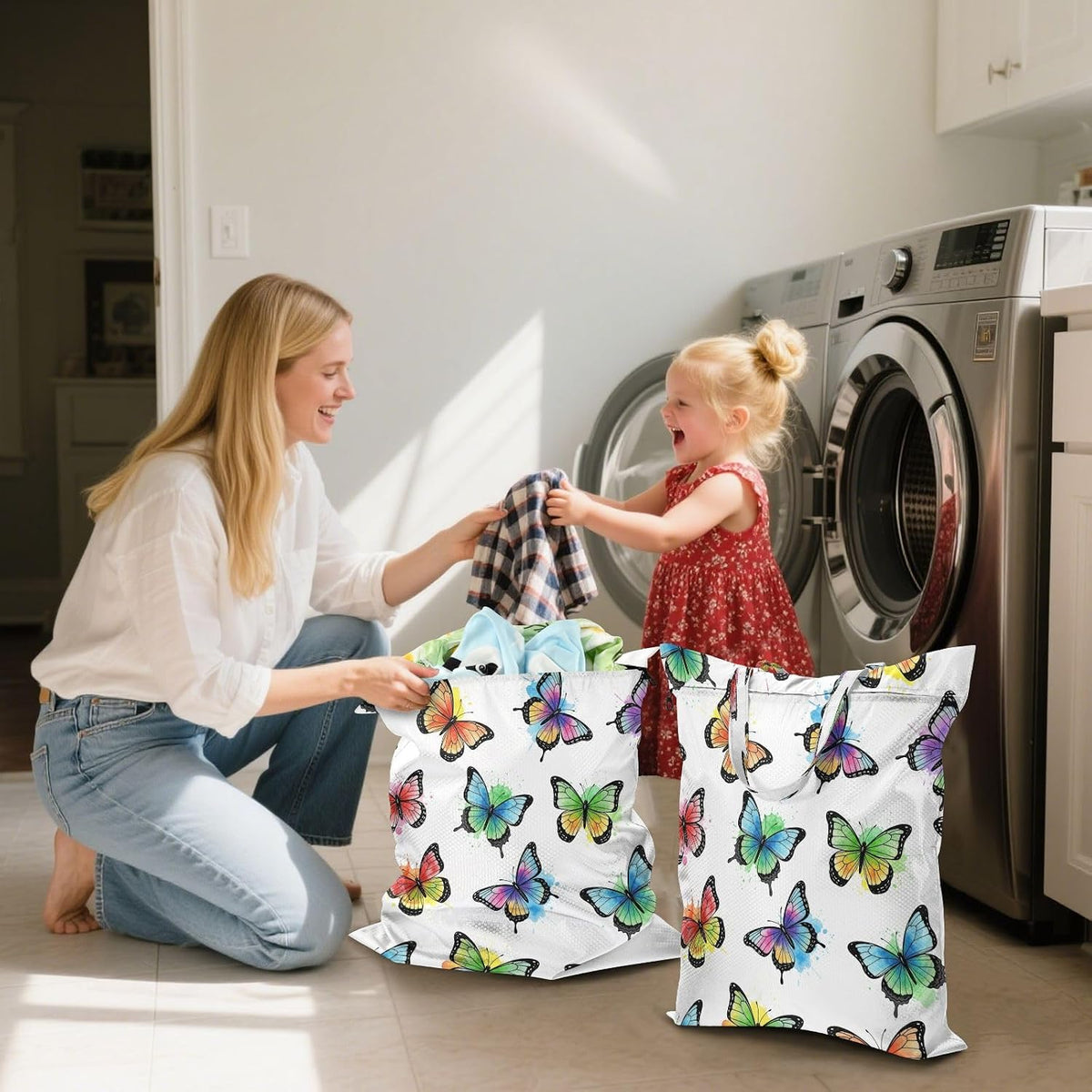 Butterflies Watercolor Waterproof Travel Laundry Bag Reusable Set of 2