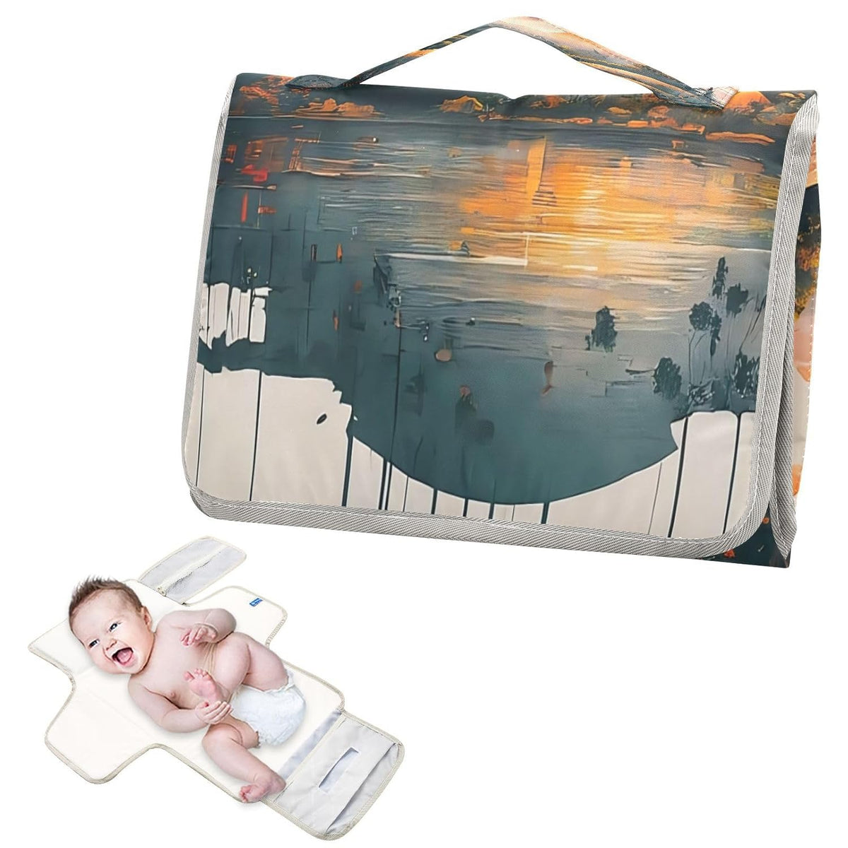 Calm Lake Portable Diaper Changing Pad, Waterproof Baby Changing Mat with Storage Pocket & Built-in Pillow, Foldable Travel Pad, Newborn Gift Set for Boy Girl