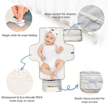 Calm Lake Portable Diaper Changing Pad, Waterproof Baby Changing Mat with Storage Pocket & Built-in Pillow, Foldable Travel Pad, Newborn Gift Set for Boy Girl