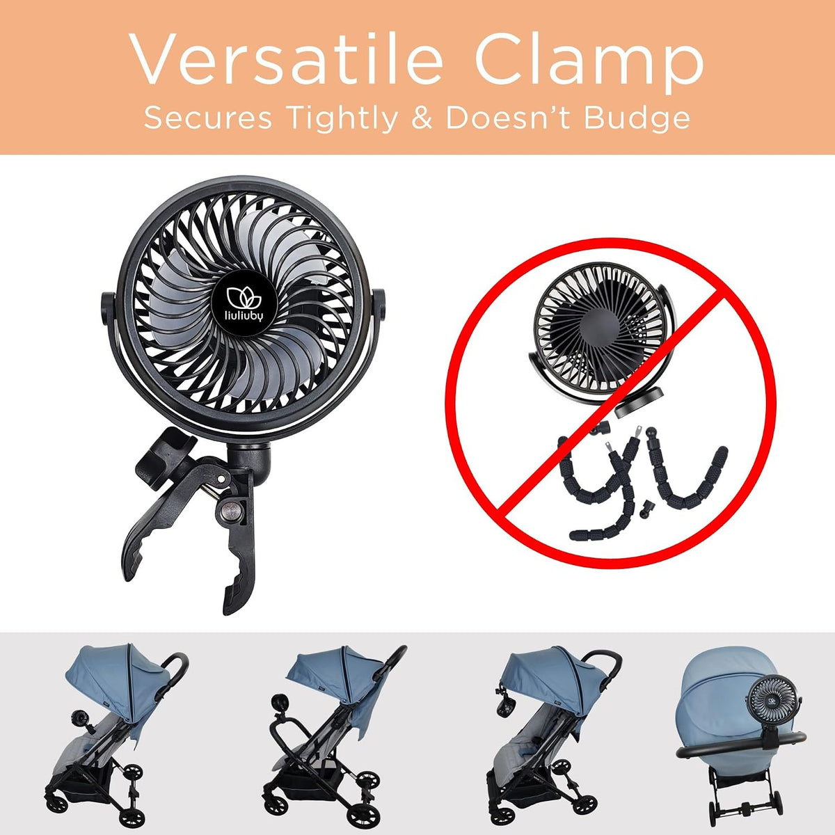 Baby Stroller Fan with Clip | Clip On Fan for Baby Car Seat | Portable & Rechargeable with Durable Clamp | Stroller Accessories | Small Cooling USB Chargeable Battery (Jet Black)