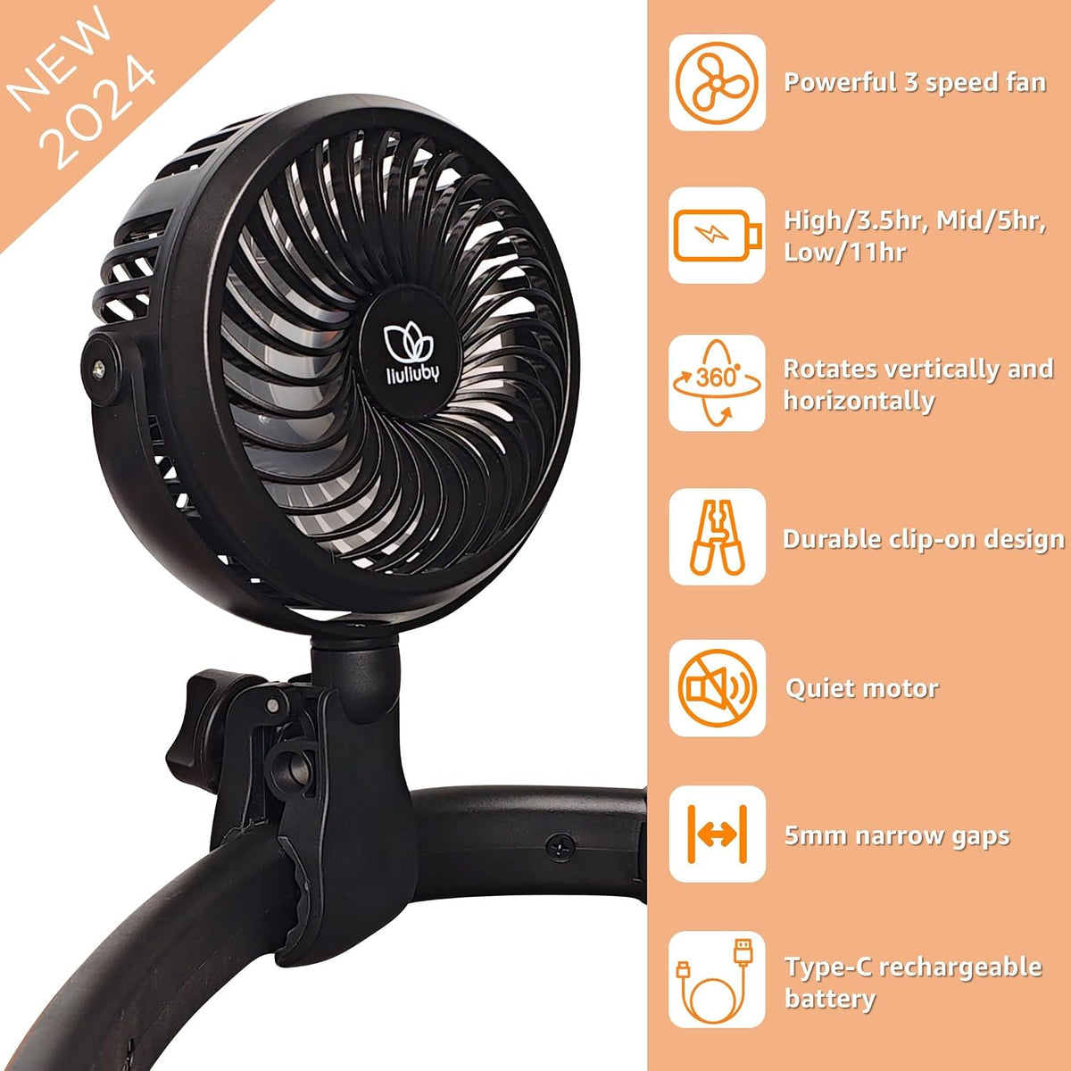 Baby Stroller Fan with Clip | Clip On Fan for Baby Car Seat | Portable & Rechargeable with Durable Clamp | Stroller Accessories | Small Cooling USB Chargeable Battery (Jet Black)