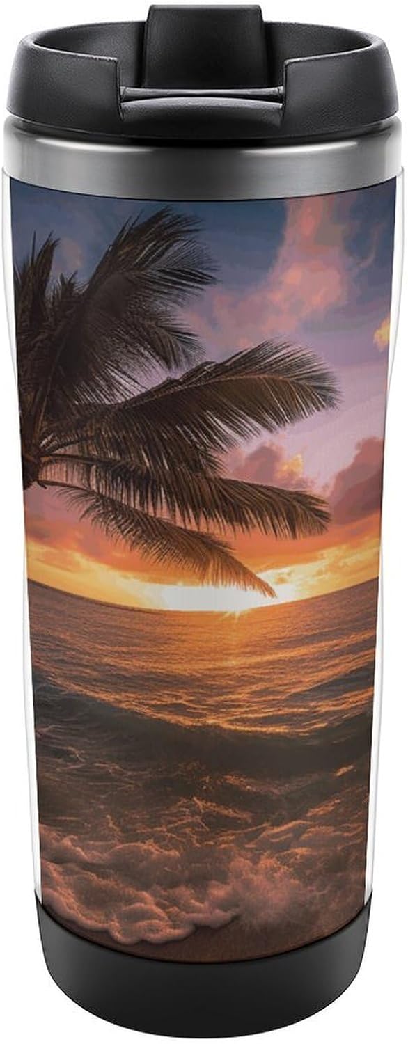 13oz Insulated Travel Coffee Mug Reusable Coffee Cup Water Bottle | Palm Tree Sunset Beach Travel Mug with Leak Proof Lid Double Wall Stainless Steel Coffee Tumbler Personalized Gift