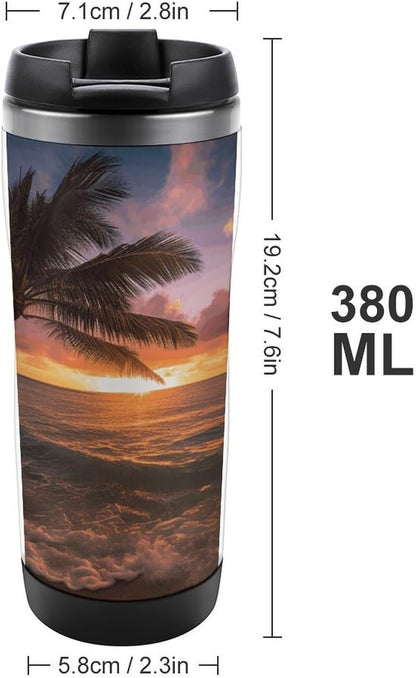13oz Insulated Travel Coffee Mug Reusable Coffee Cup Water Bottle | Palm Tree Sunset Beach Travel Mug with Leak Proof Lid Double Wall Stainless Steel Coffee Tumbler Personalized Gift