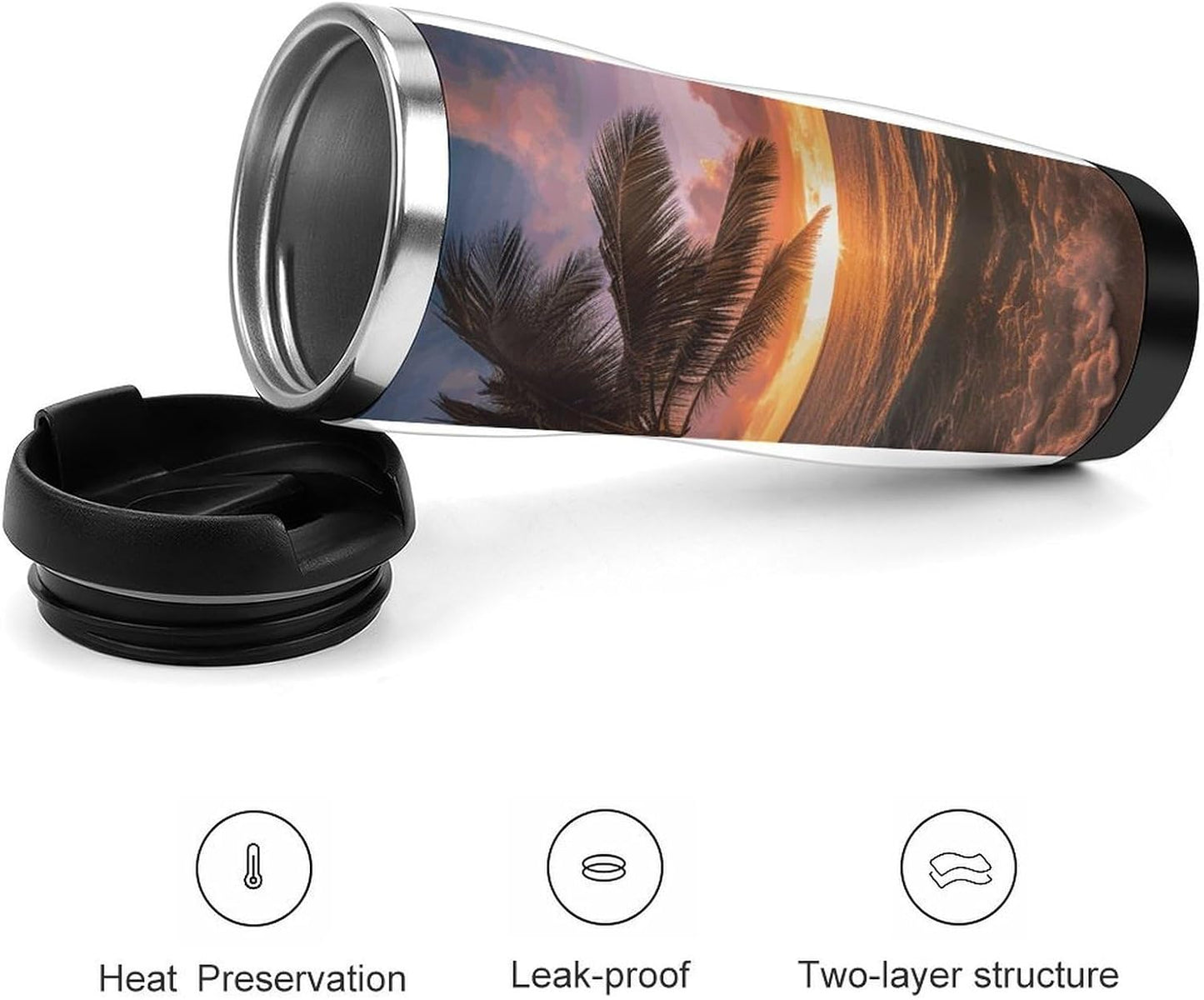 13oz Insulated Travel Coffee Mug Reusable Coffee Cup Water Bottle | Palm Tree Sunset Beach Travel Mug with Leak Proof Lid Double Wall Stainless Steel Coffee Tumbler Personalized Gift