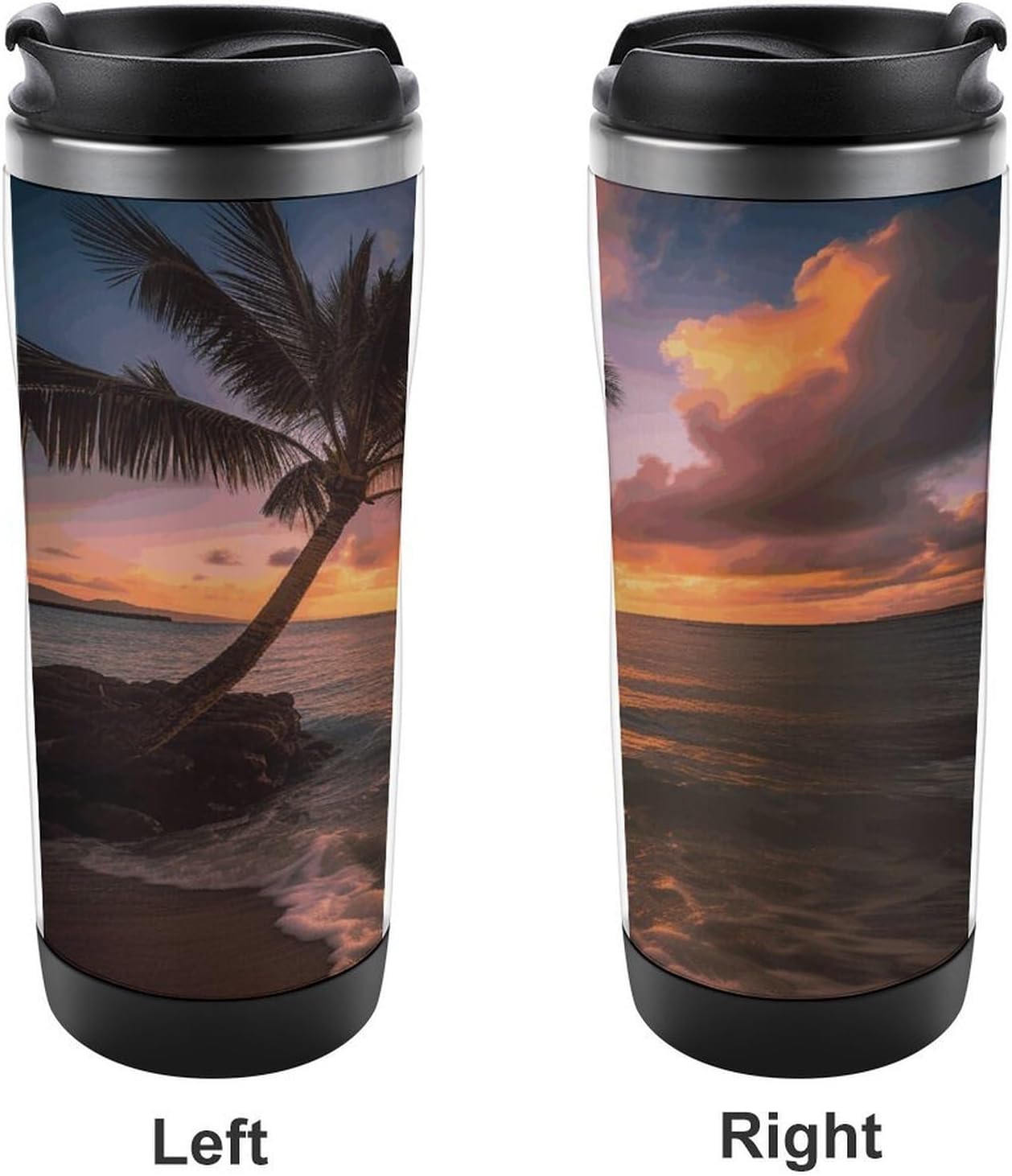 13oz Insulated Travel Coffee Mug Reusable Coffee Cup Water Bottle | Palm Tree Sunset Beach Travel Mug with Leak Proof Lid Double Wall Stainless Steel Coffee Tumbler Personalized Gift