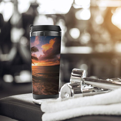 13oz Insulated Travel Coffee Mug Reusable Coffee Cup Water Bottle | Palm Tree Sunset Beach Travel Mug with Leak Proof Lid Double Wall Stainless Steel Coffee Tumbler Personalized Gift