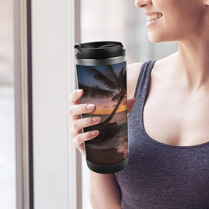 13oz Insulated Travel Coffee Mug Reusable Coffee Cup Water Bottle | Palm Tree Sunset Beach Travel Mug with Leak Proof Lid Double Wall Stainless Steel Coffee Tumbler Personalized Gift