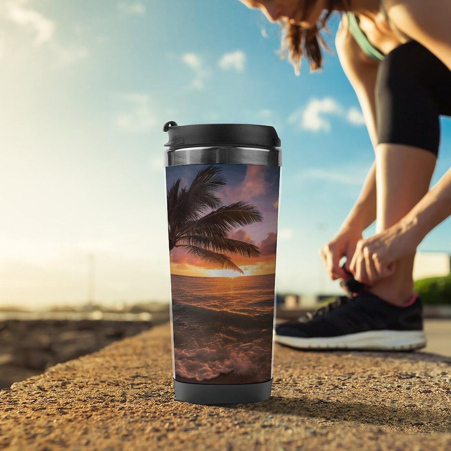 13oz Insulated Travel Coffee Mug Reusable Coffee Cup Water Bottle | Palm Tree Sunset Beach Travel Mug with Leak Proof Lid Double Wall Stainless Steel Coffee Tumbler Personalized Gift