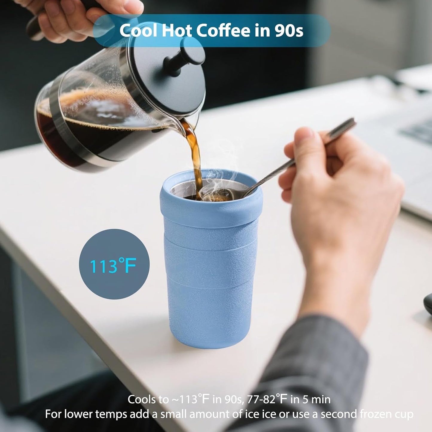 Iced Coffee Tumbler, 45℉ Insulated Beer Mug for Freezer, (Ice-Free) Double-walled Freezable Slushie Cup with Stainless Steel Liner, Travel Coffee Mug Reusable, with Lid and Straw, 16oz (1, Blue)