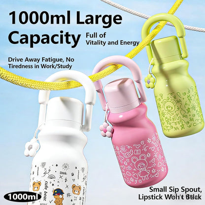 YJMOS 33.8 oz Insulated Water Bottle with Handle & Strap, 3-in-1 Lid with Cup & Straw, Cute Bear 316 Stainless Steel Thermal Flask, Leakproof Travel Jug for Hot & Cold Drinks, Gym, Office & School