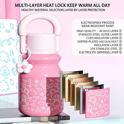 YJMOS 33.8 oz Insulated Water Bottle with Handle & Strap, 3-in-1 Lid with Cup & Straw, Cute Bear 316 Stainless Steel Thermal Flask, Leakproof Travel Jug for Hot & Cold Drinks, Gym, Office & School