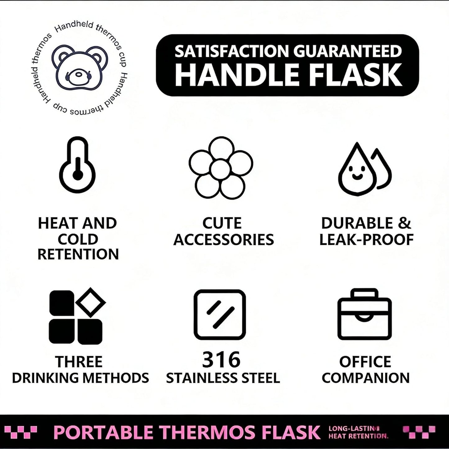 YJMOS 33.8 oz Insulated Water Bottle with Handle & Strap, 3-in-1 Lid with Cup & Straw, Cute Bear 316 Stainless Steel Thermal Flask, Leakproof Travel Jug for Hot & Cold Drinks, Gym, Office & School