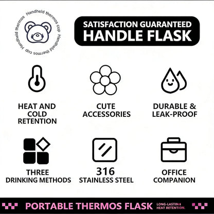 YJMOS 33.8 oz Insulated Water Bottle with Handle & Strap, 3-in-1 Lid with Cup & Straw, Cute Bear 316 Stainless Steel Thermal Flask, Leakproof Travel Jug for Hot & Cold Drinks, Gym, Office & School
