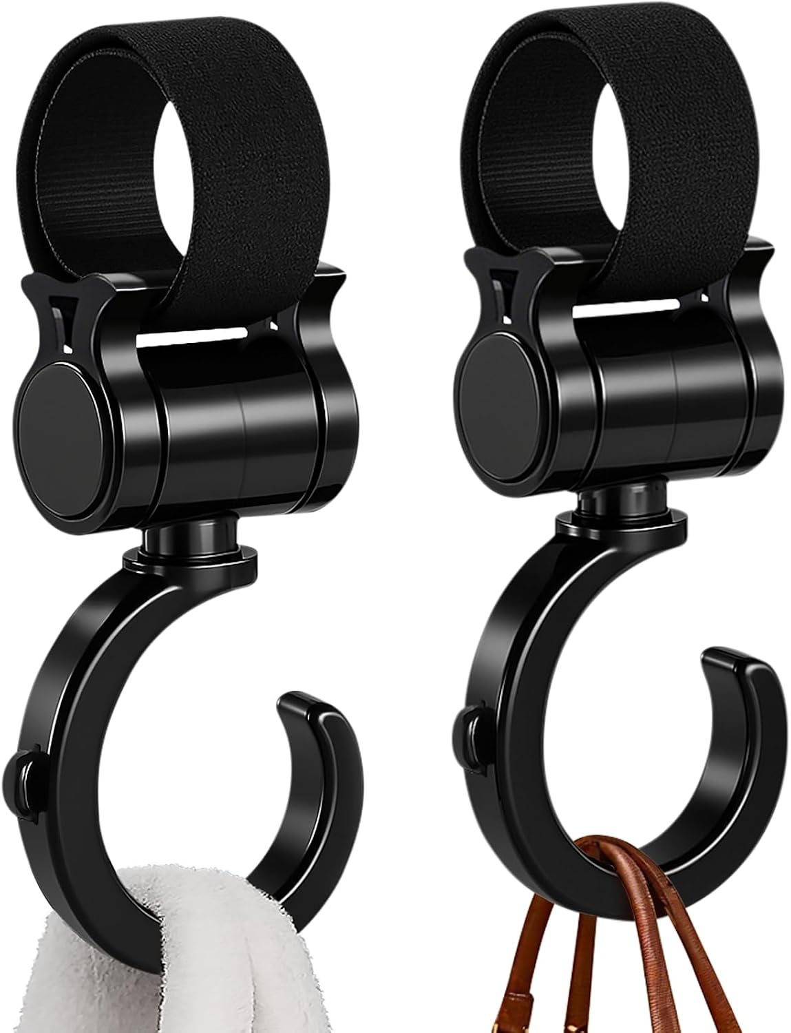 2 Pack Universal Walker Hooks, 360° Rotating Stroller Clips for Diaper Bags, Wheelchairs, Rollators, Walkers, Shopping Carts & Car Backseats – Heavy Duty Multi-Purpose Hooks, Black